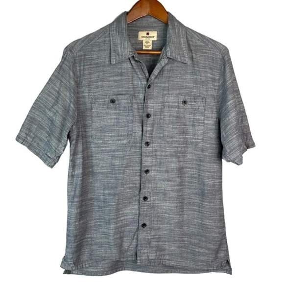 WOOLRICH Mens Blue Marled Chambray Button Up Shirt Short Sleeves Cotton Preppy S - Picture 2 of 11